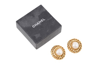 Lot 73 - A PAIR OF BOXED CHANEL VINTAGE FAUX PEARL AND GOLD-TONE CLIP EARRINGS