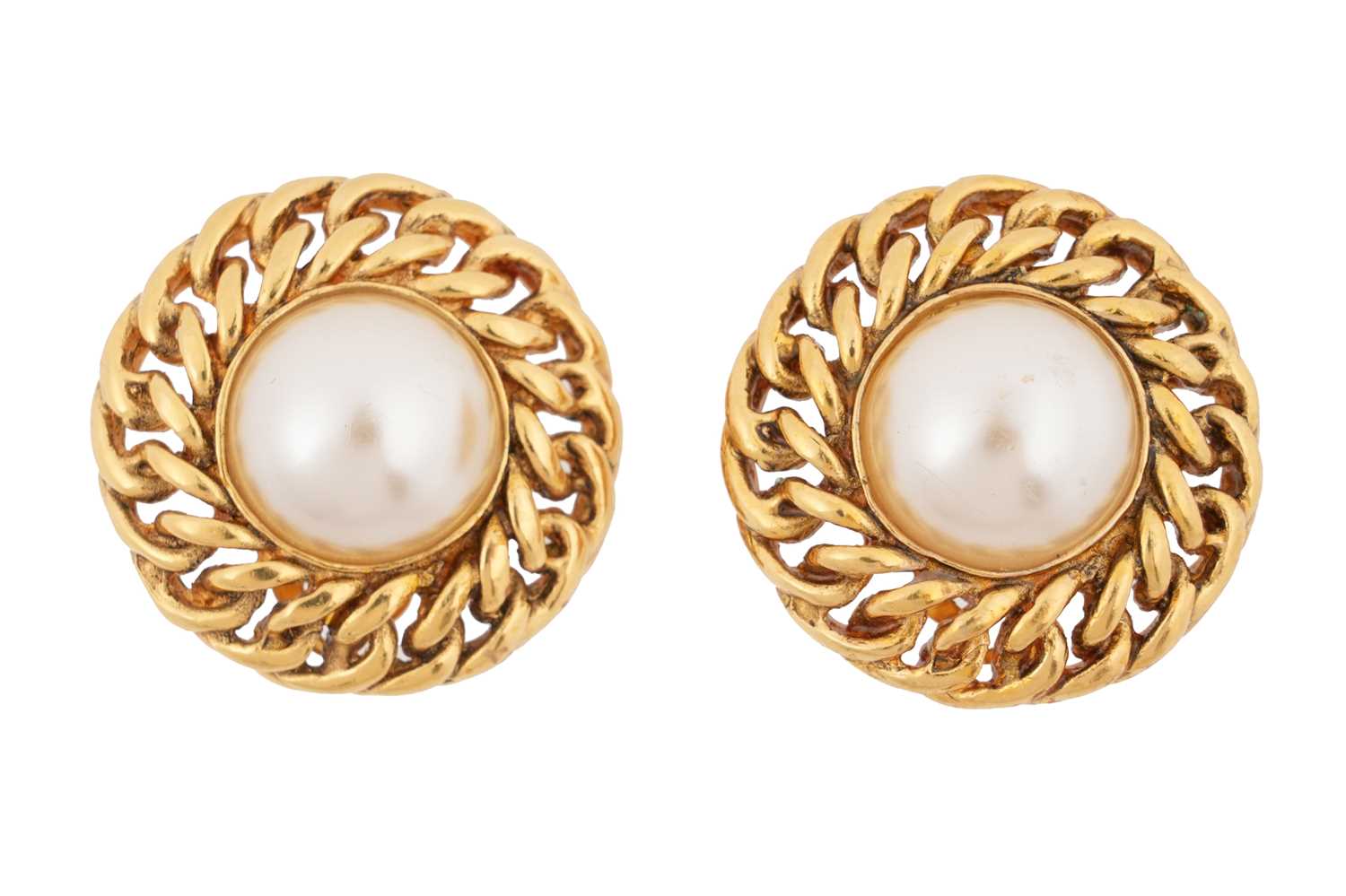 Lot 73 - A PAIR OF BOXED CHANEL VINTAGE FAUX PEARL AND GOLD-TONE CLIP EARRINGS