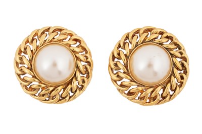 Lot 73 - A PAIR OF BOXED CHANEL VINTAGE FAUX PEARL AND GOLD-TONE CLIP EARRINGS
