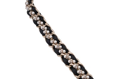 Lot 75 - A BOXED CHANEL CRYSTAL, FAUX PEARL, LEATHER AND GILT METAL TASSEL NECKLACE