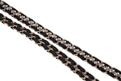 Lot 75 - A BOXED CHANEL CRYSTAL, FAUX PEARL, LEATHER AND GILT METAL TASSEL NECKLACE