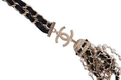 Lot 75 - A BOXED CHANEL CRYSTAL, FAUX PEARL, LEATHER AND GILT METAL TASSEL NECKLACE