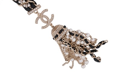 Lot 75 - A BOXED CHANEL CRYSTAL, FAUX PEARL, LEATHER AND GILT METAL TASSEL NECKLACE