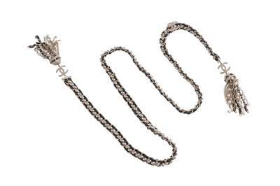 Lot 75 - A BOXED CHANEL CRYSTAL, FAUX PEARL, LEATHER AND GILT METAL TASSEL NECKLACE