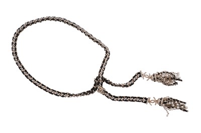 Lot 75 - A BOXED CHANEL CRYSTAL, FAUX PEARL, LEATHER AND GILT METAL TASSEL NECKLACE