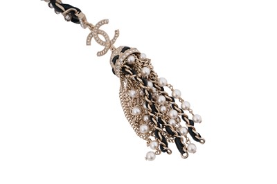 Lot 75 - A BOXED CHANEL CRYSTAL, FAUX PEARL, LEATHER AND GILT METAL TASSEL NECKLACE