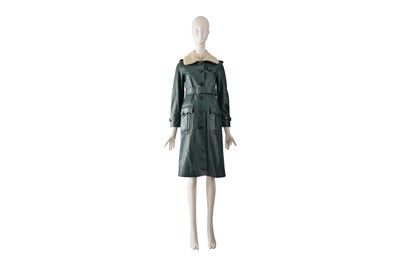 Lot 105 - A COACH TEAL GREEN LEATHER BELTED COAT WITH SHEARLING COLLAR