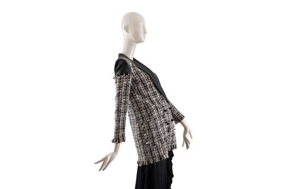 Lot 103 - AN ELISABETTA FRANCHI BLACK TWEED AND LEATHER JACKET