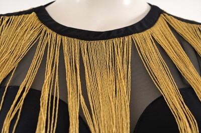 Lot 82 - AN ELISABETTA FRANCHI BLACK WITH GOLD FRINGE EMBELLISHED SHEER BODYSUIT