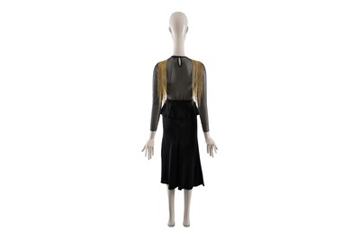 Lot 82 - AN ELISABETTA FRANCHI BLACK WITH GOLD FRINGE EMBELLISHED SHEER BODYSUIT