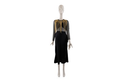 Lot 82 - AN ELISABETTA FRANCHI BLACK WITH GOLD FRINGE EMBELLISHED SHEER BODYSUIT