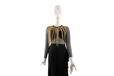 Lot 82 - AN ELISABETTA FRANCHI BLACK WITH GOLD FRINGE EMBELLISHED SHEER BODYSUIT