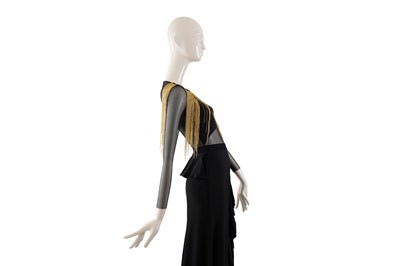 Lot 82 - AN ELISABETTA FRANCHI BLACK WITH GOLD FRINGE EMBELLISHED SHEER BODYSUIT