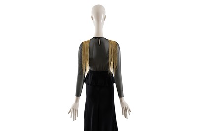 Lot 82 - AN ELISABETTA FRANCHI BLACK WITH GOLD FRINGE EMBELLISHED SHEER BODYSUIT
