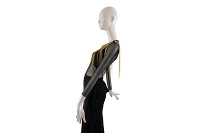 Lot 82 - AN ELISABETTA FRANCHI BLACK WITH GOLD FRINGE EMBELLISHED SHEER BODYSUIT