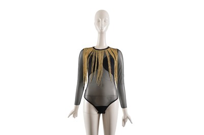 Lot 82 - AN ELISABETTA FRANCHI BLACK WITH GOLD FRINGE EMBELLISHED SHEER BODYSUIT