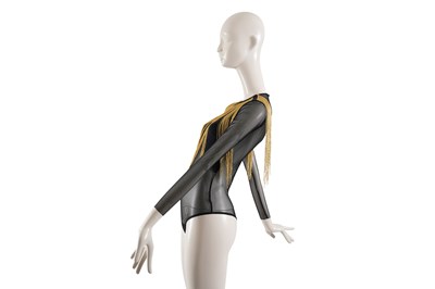 Lot 82 - AN ELISABETTA FRANCHI BLACK WITH GOLD FRINGE EMBELLISHED SHEER BODYSUIT