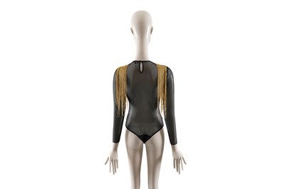 Lot 82 - AN ELISABETTA FRANCHI BLACK WITH GOLD FRINGE EMBELLISHED SHEER BODYSUIT