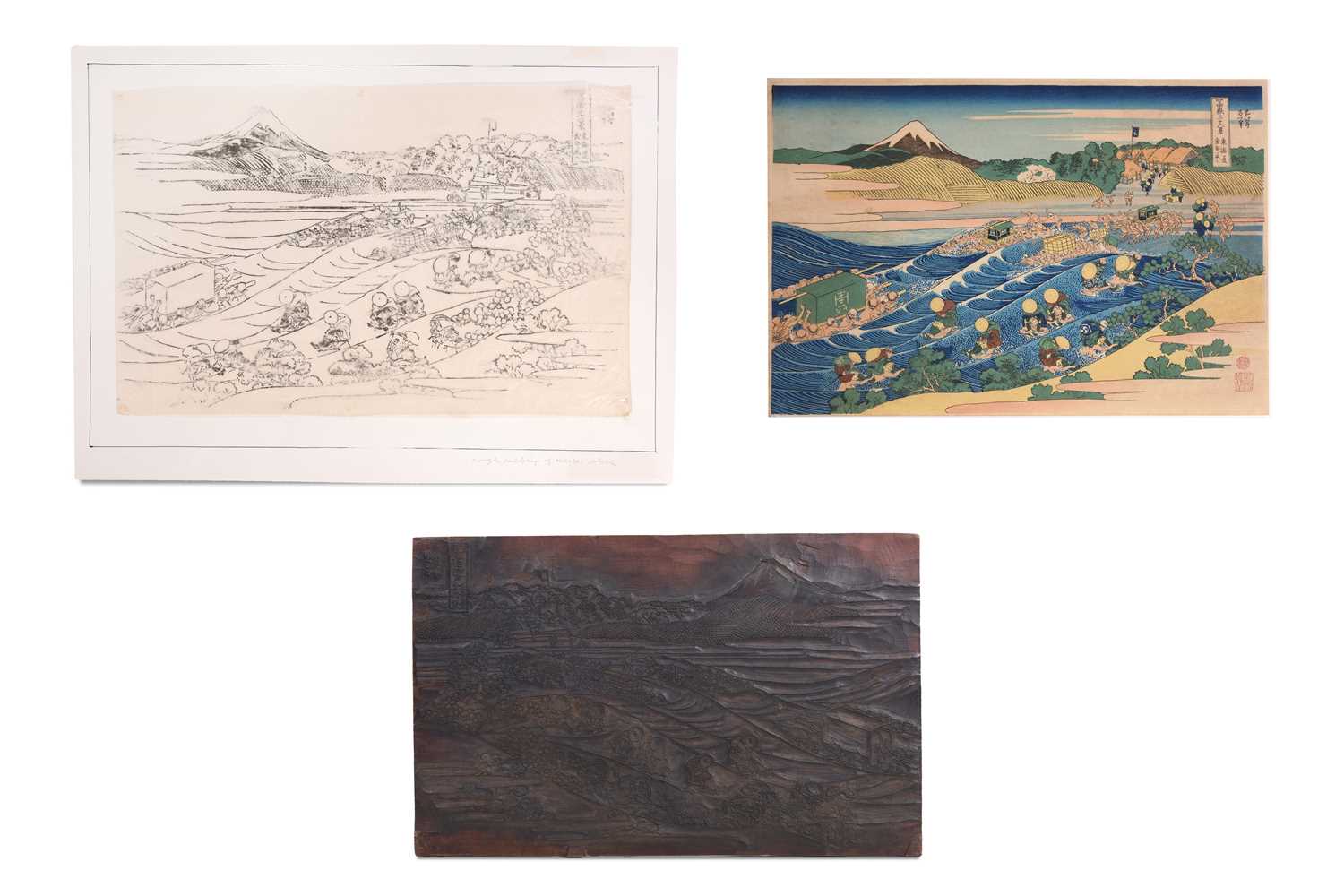 Lot 34 - A CARVED JAPANESE WOODBLOCK AND TWO PRINTS