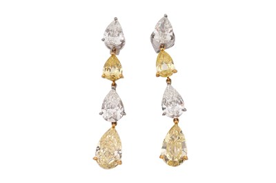 Lot 50 - A PAIR OF YELLOW DIAMOND AND DIAMOND DROP EARRINGS