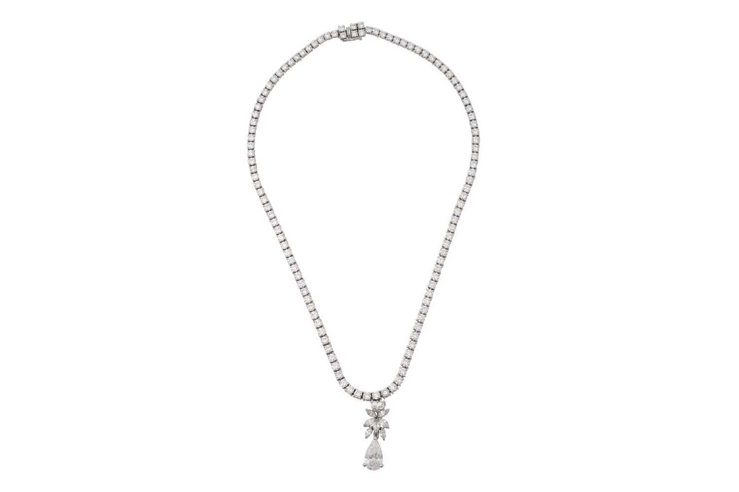 Lot 14 - AN 18CT WHITE GOLD AND DIAMOND TENNIS NECKLACE WITH PENDANT