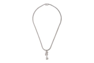 Lot 14 - AN 18CT WHITE GOLD AND DIAMOND TENNIS NECKLACE WITH PENDANT