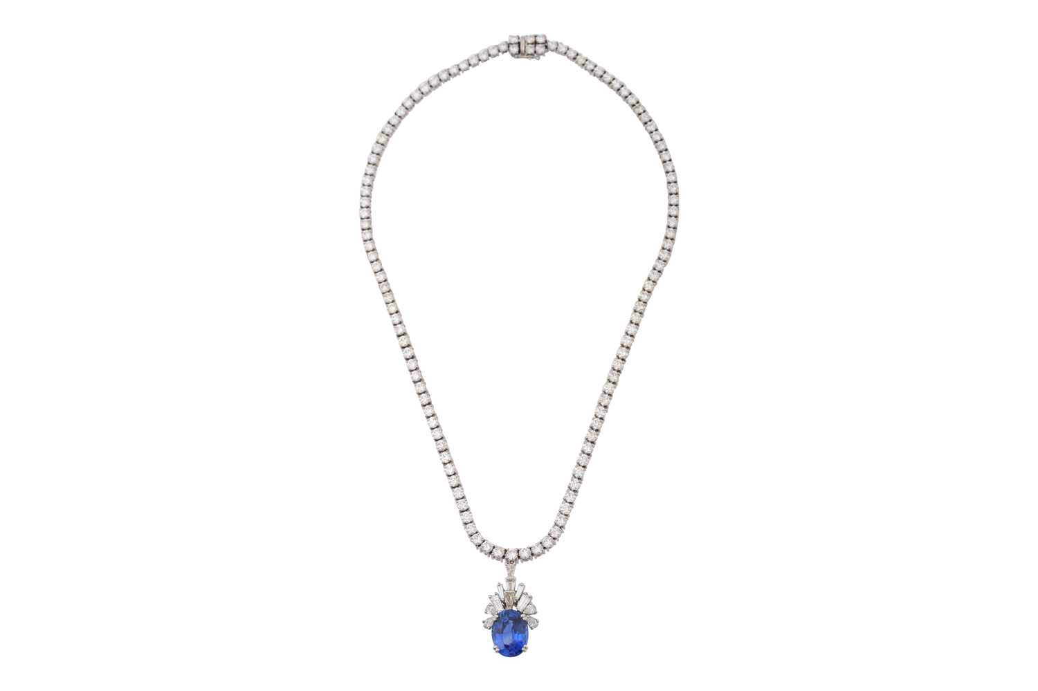 Lot 15 - AN 18CT WHITE GOLD DIAMOND TENNIS NECKLACE WITH AN ART DECO STYLE DIAMOND AND SAPPHIRE PENDANT