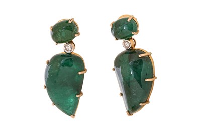 Lot 8 - A PAIR OF ZAMBIAN CABOCHON EMERALD EARRINGS