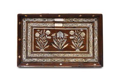 Lot 69 - λ A BONE AND IVORY-INLAID HARDWOOD INDIAN TRAY WITH FLOWER BOUQUETS