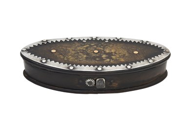 Lot 28 - AN INDIAN SILVER-MOUNTED CARVED WOOD AND WATER BUFFALO HORN SPICE BOX FOR THE EXPORT MARKET