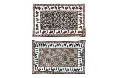Lot 41 - A NEAR PAIR OF INDIAN KALAMKARI WOODBLOCK-PRINTED COTTON HANGINGS WITH FOREIGN SOLDIERS