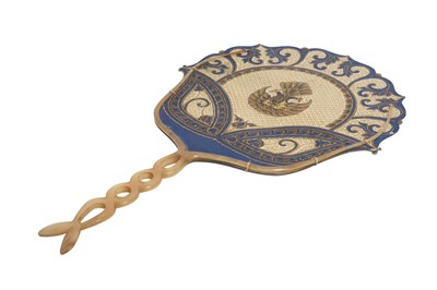 Lot 50 - A PIERCED, GILT AND PAINTED HIDE FAN WITH HORN HANDLE