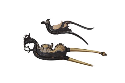 Lot 32 - TWO BIRD-SHAPED GOLD AND SILVER-DAMASCENED (KOFTGARI) STEEL BETEL NUTCRACKERS