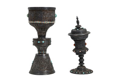 Lot 47 - TWO RITUAL BUDDHIST SILVER LAMPS