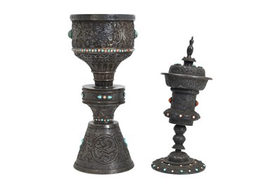 Lot 47 - TWO RITUAL BUDDHIST SILVER LAMPS