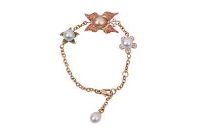 Lot 95 - A JACOB & CO. DIAMOND, PEARL AND SAPPHIRE-SET 18K ROSE GOLD BUTTERFLY BRACELET