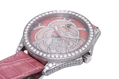 Lot 81 - A LADIES JACOB & CO DIAMONDS AND STAINLESS STEEL QUARTZ WRISTWATCH.
