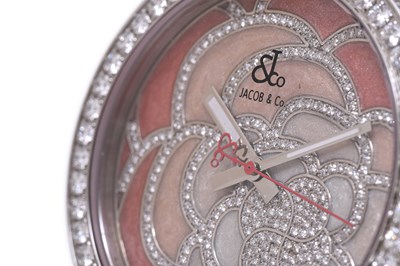 Lot 81 - A LADIES JACOB & CO DIAMONDS AND STAINLESS STEEL QUARTZ WRISTWATCH.