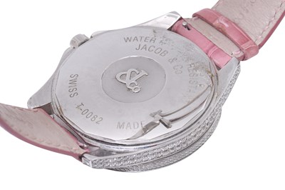 Lot 81 - A LADIES JACOB & CO DIAMONDS AND STAINLESS STEEL QUARTZ WRISTWATCH.