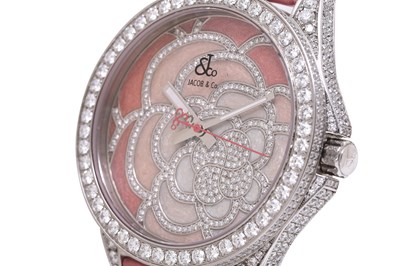 Lot 81 - A LADIES JACOB & CO DIAMONDS AND STAINLESS STEEL QUARTZ WRISTWATCH.