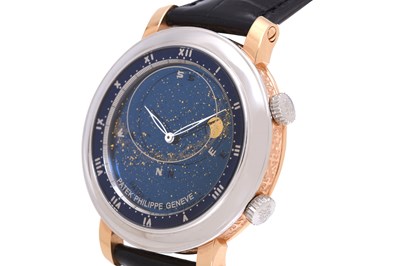 Lot 67 - A LIMITED EDITION MEN'S PATEK PHILIPPE PLATINUM AND 18K ROSE GOLD AUTOMATIC WRISTWATCH.