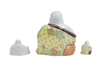 Lot 37 - A WHITE-GLAZED AND TWO FAMILLE ROSE FIGURES OF BUDAI HESHANG