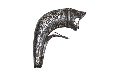 Lot 98 - A SILVER-INLAID KOFTGARI STEEL GUNPOWDER FLASK WITH LION'S HEAD