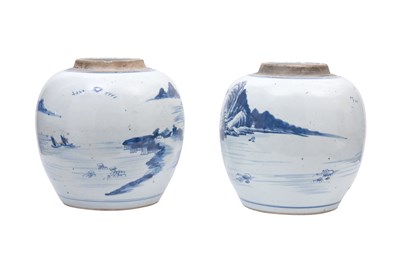Lot 24 - A PAIR OF BLUE AND WHITE 'LANDSCAPE' JARS