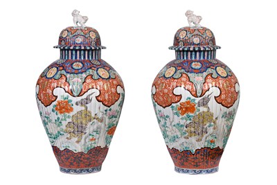 Lot 74 - A PAIR OF LARGE IMARI 'SHISHI' JARS AND COVERS