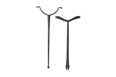 Lot 91 - TWO INDIAN STEEL SUFI CRUTCHES WITH ANIMAL HEADS