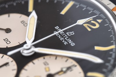 Lot 39 - A RARE MEN'S BREITLING STAINLESS STEEL MANUAL CHRONOGRAPH WATCH.