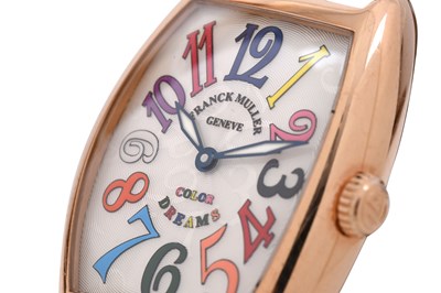 Lot 55 - A UNISEX FRANCK MULLER 18K ROSE GOLD QUARTZ WRISTWATCH.