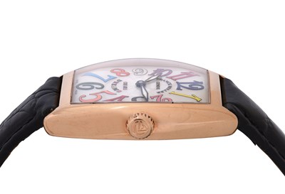 Lot 55 - A UNISEX FRANCK MULLER 18K ROSE GOLD QUARTZ WRISTWATCH.