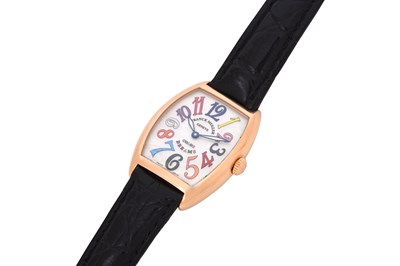 Lot 55 - A UNISEX FRANCK MULLER 18K ROSE GOLD QUARTZ WRISTWATCH.